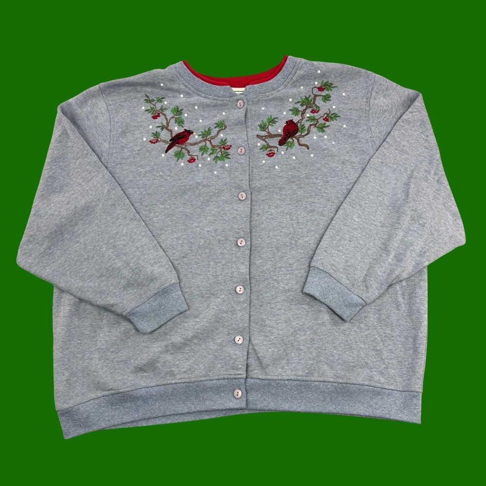 Shenanigans Womens 2X Blue Cardinal Embroidered Button Front Cardigan Sweatshirt